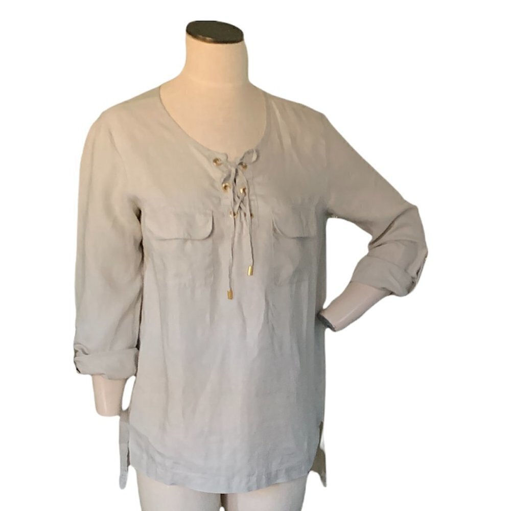 Ellen Tracy Company Linen Blouse Lace Up Neck Pockets Sz M Sandstone Beige #187k - Picture 5 of 10